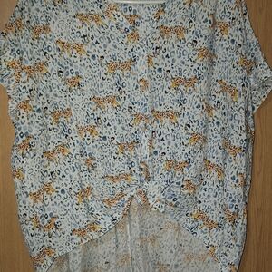Jane and Delancey Blue and Yellow Cheetah Print Button-Down Top